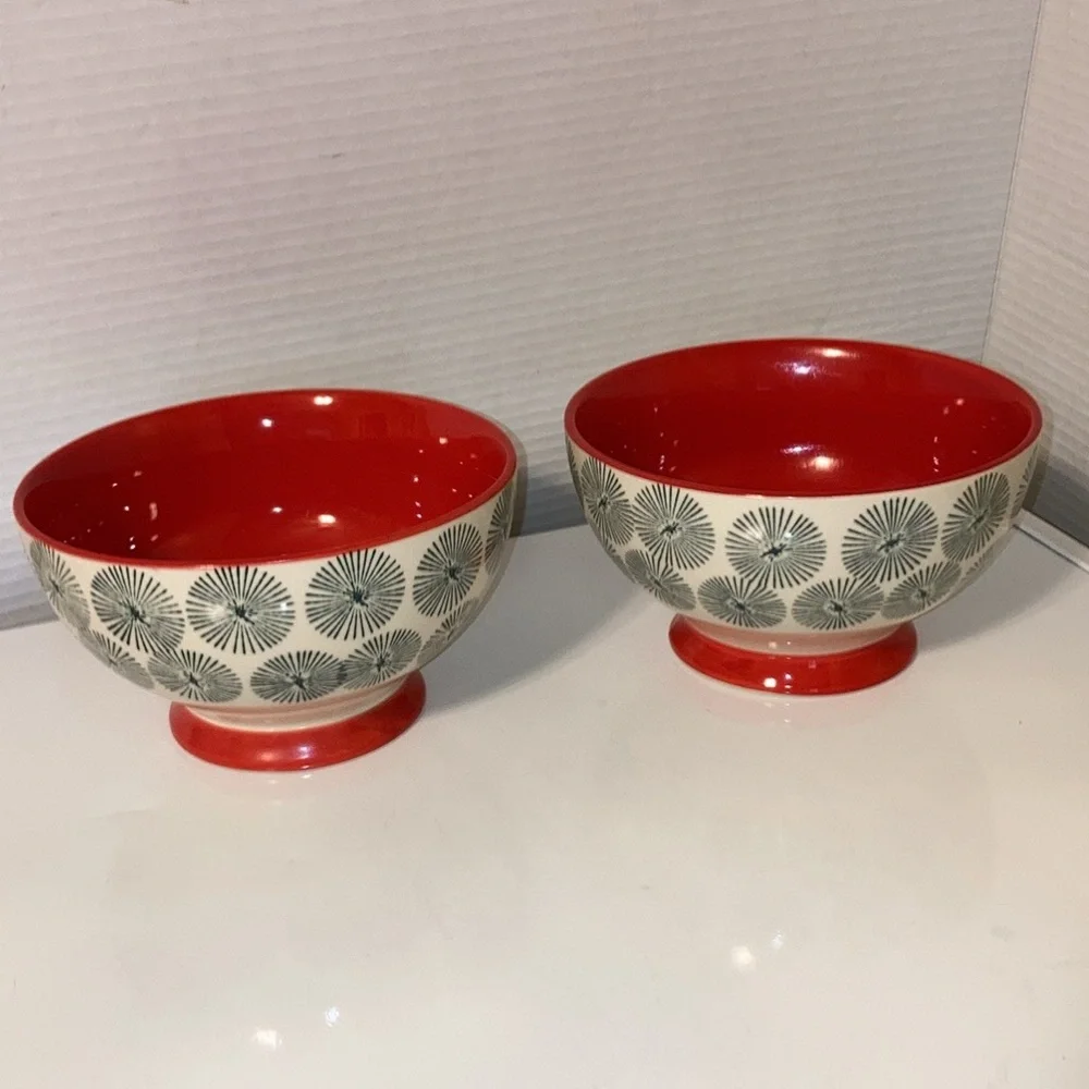 PIONEER WOMAN Bowl Cream with Green Starburst Red Interior 6 inches Set of 2